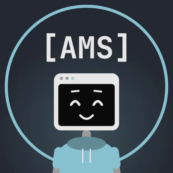 El presentador de @ams_tech: un robot con cabeza de terminal bajo el logo [AMS]
